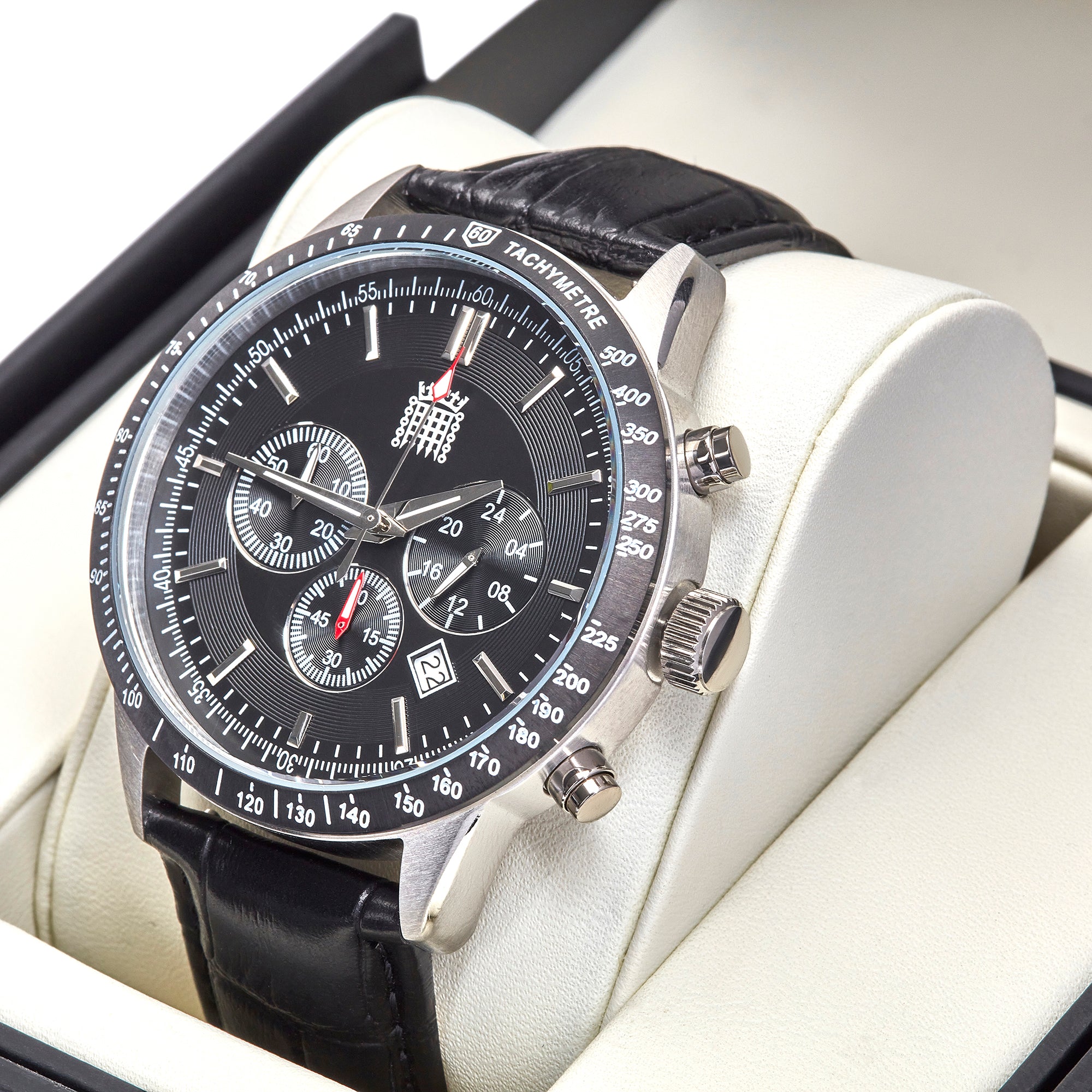 Men's Multi-Function Watch with Black Leather Strap